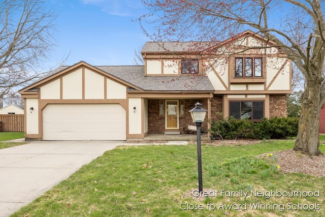 english style home with an attached garage, driveway, stucco siding, and a front yard