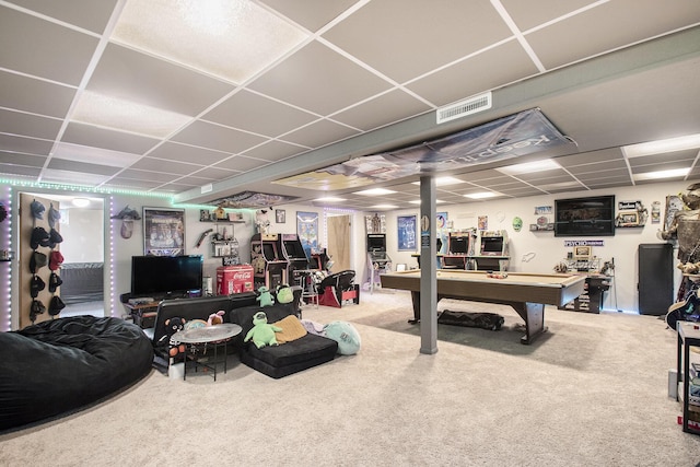 recreation room with a paneled ceiling, pool table, visible vents, and carpet floors