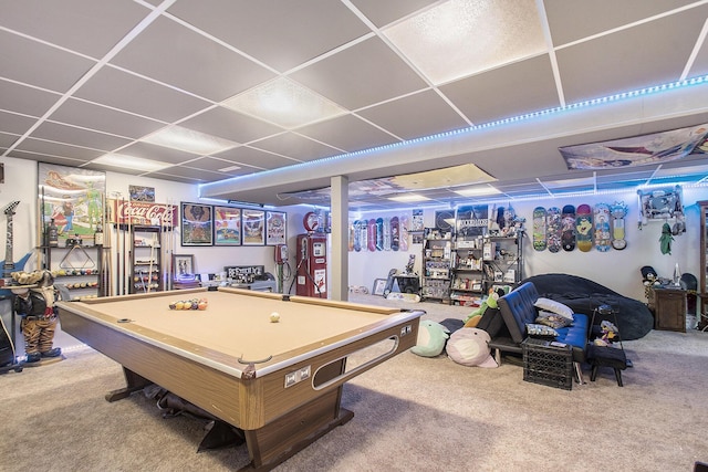 recreation room with pool table, carpet, and a paneled ceiling