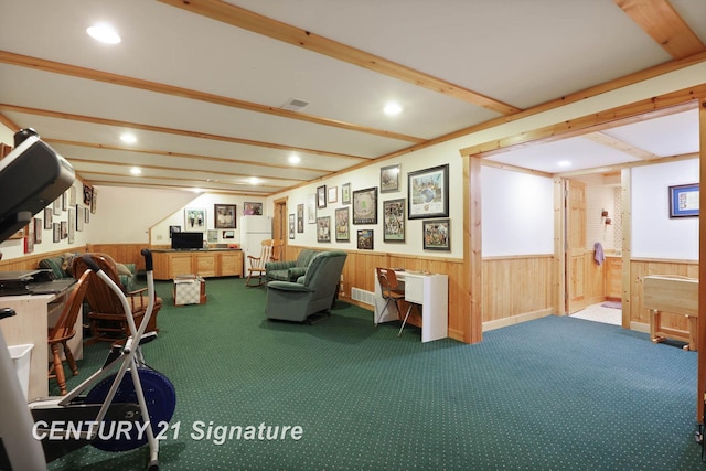 home office featuring carpet, visible vents, recessed lighting, a wainscoted wall, and wood walls