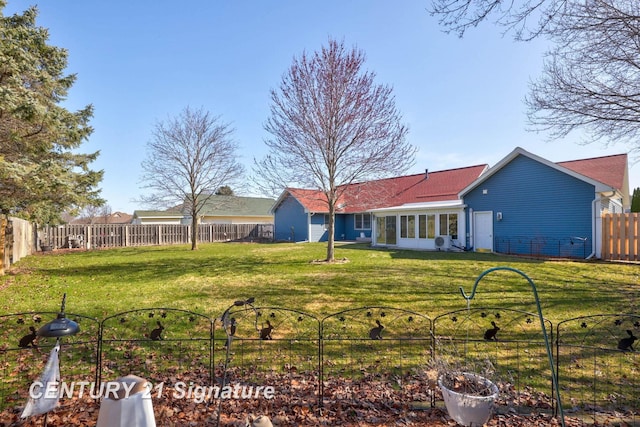 exterior space featuring a yard and a fenced backyard