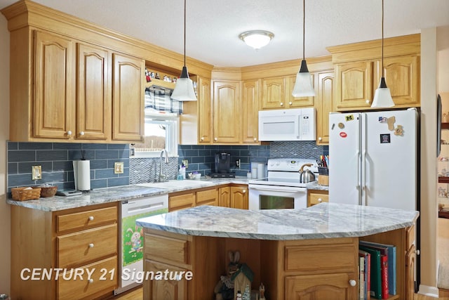 kitchen featuring a sink, backsplash, open shelves, and white appliances