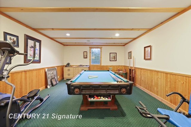 rec room featuring wood walls, carpet flooring, and wainscoting