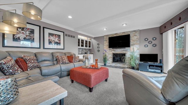 living area featuring recessed lighting, carpet, a stone fireplace, visible vents, and beam ceiling