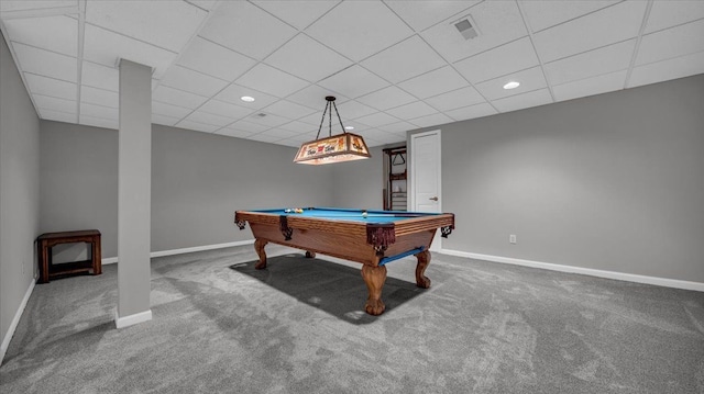 recreation room with baseboards, visible vents, carpet, and pool table