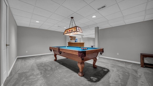 game room with a drop ceiling, visible vents, pool table, baseboards, and carpet flooring