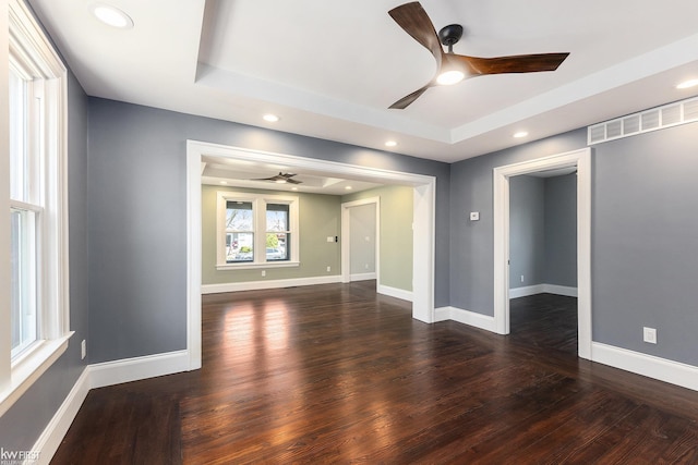 unfurnished room with visible vents, baseboards, a ceiling fan, recessed lighting, and wood finished floors
