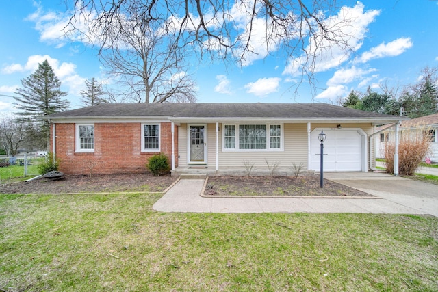 ranch-style house with fence, a front lawn, brick siding, a garage, and driveway