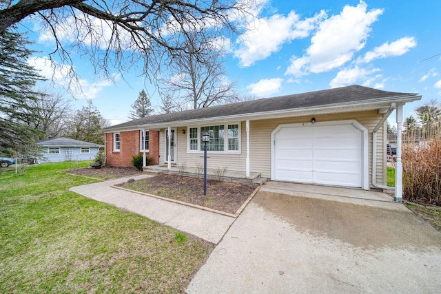 single story home featuring an attached garage, fence, a front lawn, and concrete driveway