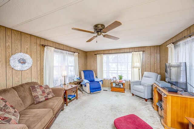 6313 Fairlane Dr, Lake City, MI 49651 - carpeted living area with wood walls and ceiling fan