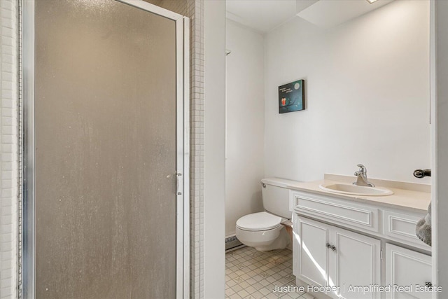 1220 W Green St, Hastings, MI 49058 - bathroom with a shower stall, vanity, toilet, tile patterned floors, and a baseboard radiator