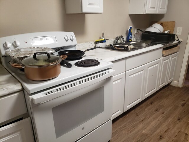 16115 Westbrook St, Detroit, MI 48219 - kitchen with dark wood-type flooring, white electric range oven, light countertops, and white cabinetry