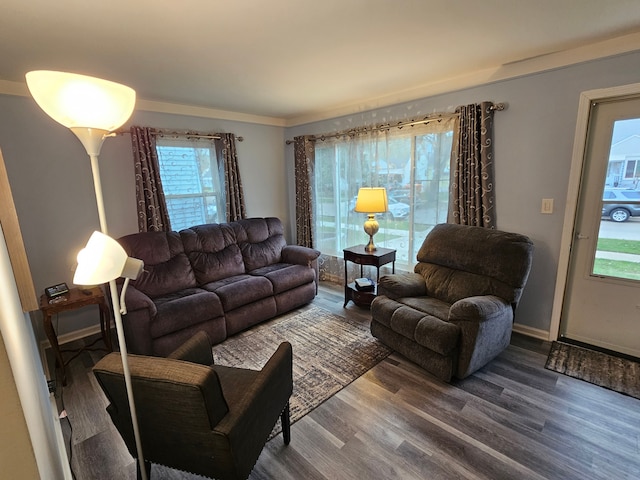 living room featuring crown molding, baseboards, and wood finished floors