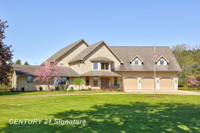 4285 N Iva Rd, Hemlock, MI 48626 - view of front of property featuring driveway, a front lawn, a garage, and covered porch