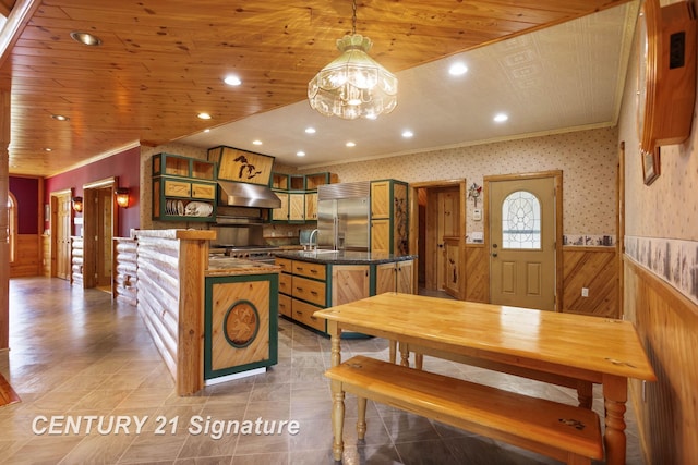 4285 N Iva Rd, Hemlock, MI 48626 - dining area featuring a wainscoted wall, a chandelier, ornamental molding, wood walls, and recessed lighting