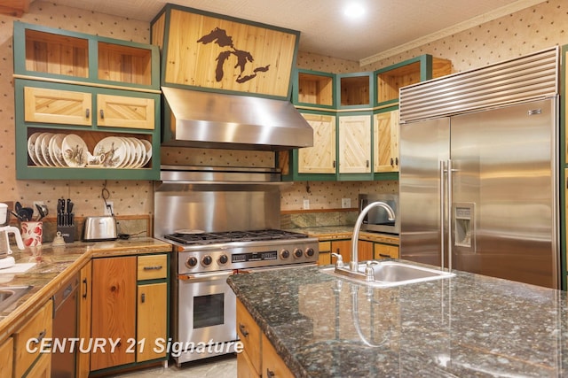 4285 N Iva Rd, Hemlock, MI 48626 - kitchen with stainless steel appliances, a sink, ventilation hood, decorative backsplash, and dark countertops