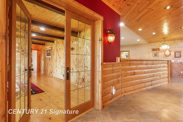 4285 N Iva Rd, Hemlock, MI 48626 - hall with wallpapered walls, wood ceiling, recessed lighting, and wooden walls