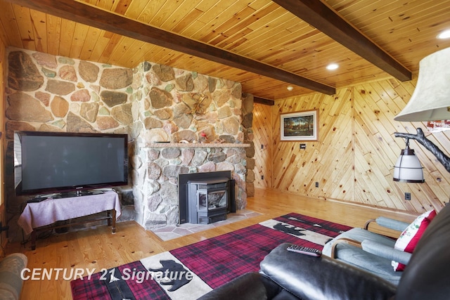 4285 N Iva Rd, Hemlock, MI 48626 - living room featuring wood finished floors, beam ceiling, and wood ceiling