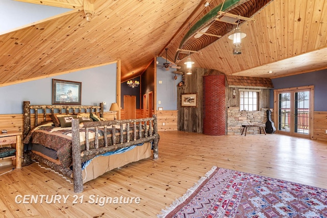 4285 N Iva Rd, Hemlock, MI 48626 - bedroom with wood finished floors, wooden ceiling, access to outside, wooden walls, and lofted ceiling