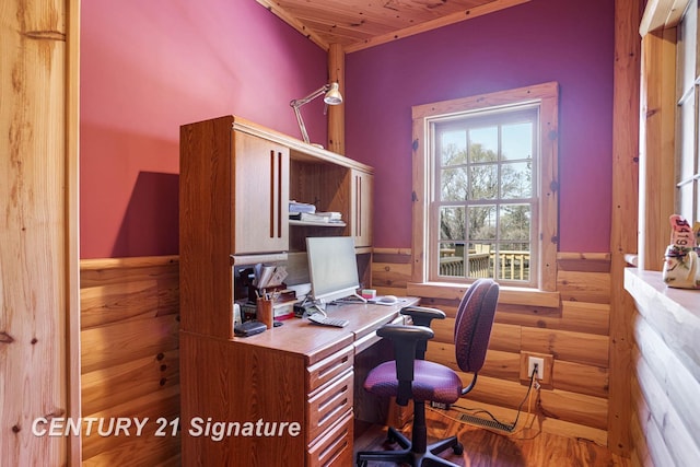4285 N Iva Rd, Hemlock, MI 48626 - home office featuring wainscoting, rustic walls, and wood ceiling