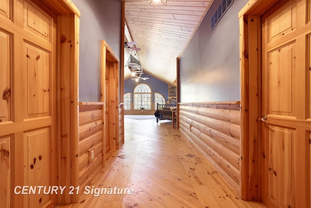 4285 N Iva Rd, Hemlock, MI 48626 - corridor featuring lofted ceiling, light wood finished floors, a wainscoted wall, wooden ceiling, and wooden walls