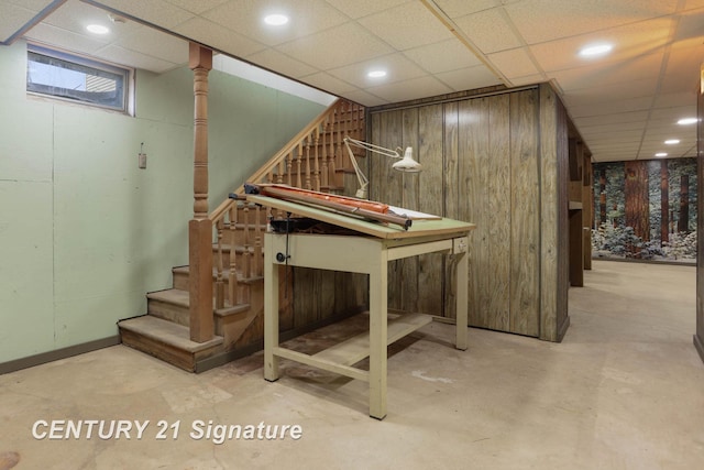4285 N Iva Rd, Hemlock, MI 48626 - finished below grade area with stairs, wooden walls, recessed lighting, and a paneled ceiling