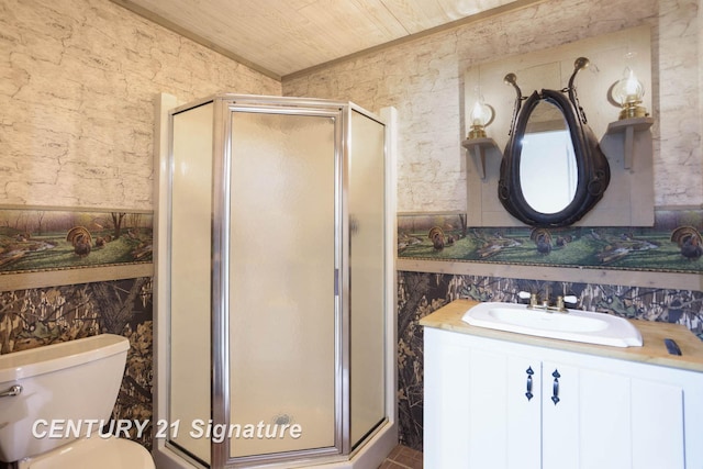 4285 N Iva Rd, Hemlock, MI 48626 - bathroom featuring a shower stall, vanity, toilet, and wooden ceiling