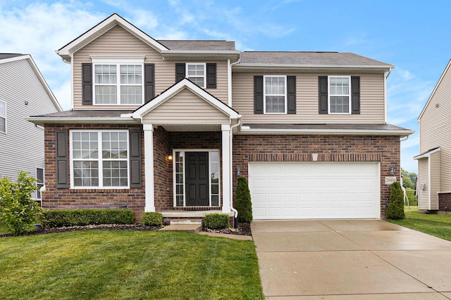 view of front of property featuring brick siding, a garage, a front yard, and concrete driveway