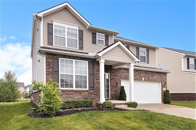 traditional-style house featuring an attached garage, driveway, a front lawn, and brick siding