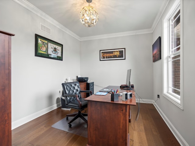 office space with wood finished floors, visible vents, crown molding, baseboards, and a notable chandelier