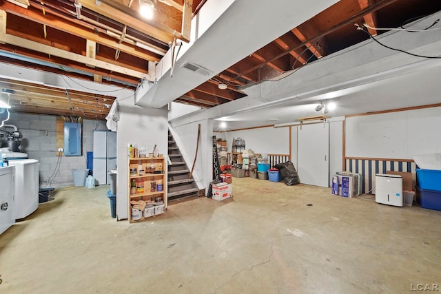 unfinished below grade area with visible vents, separate washer and dryer, electric panel, and stairs