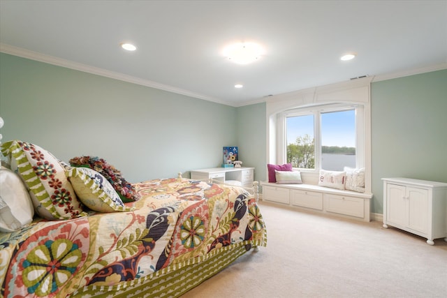 bedroom with light colored carpet, recessed lighting, crown molding, and baseboards