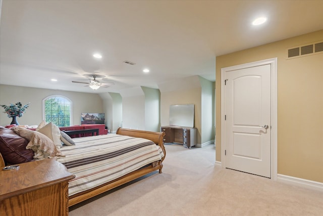 bedroom with recessed lighting, light carpet, baseboards, and ceiling fan