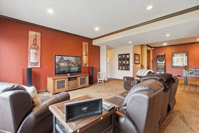 carpeted living area featuring baseboards, recessed lighting, and ornamental molding