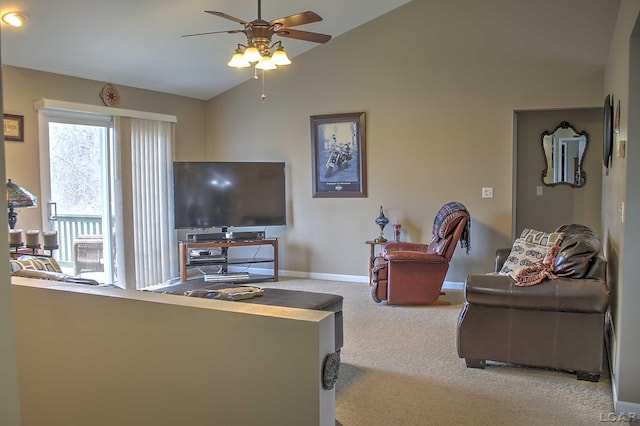 carpeted living room with vaulted ceiling, baseboards, and ceiling fan