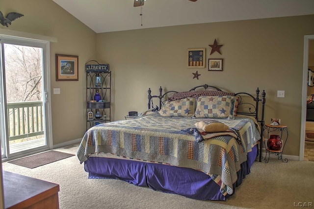 carpeted bedroom featuring lofted ceiling, access to exterior, and baseboards