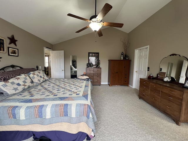 bedroom featuring lofted ceiling, a ceiling fan, baseboards, and light colored carpet