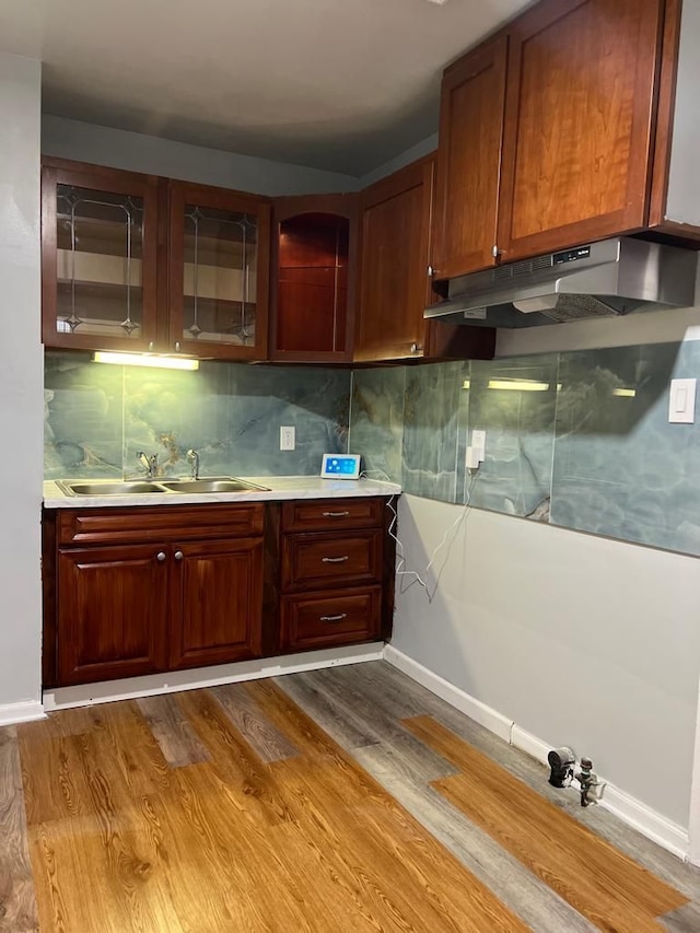 kitchen featuring a sink, light countertops, dark wood-type flooring, and under cabinet range hood