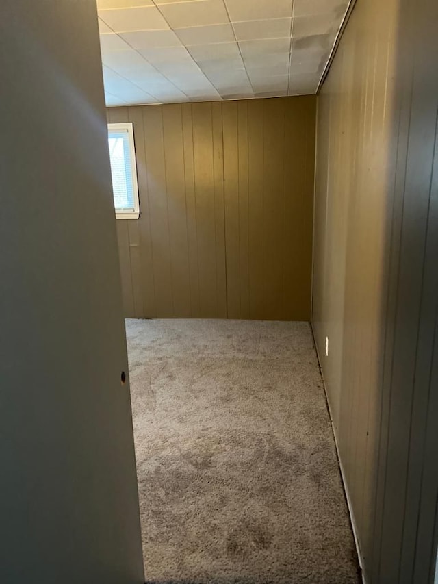 below grade area featuring wood walls, carpet, and a paneled ceiling