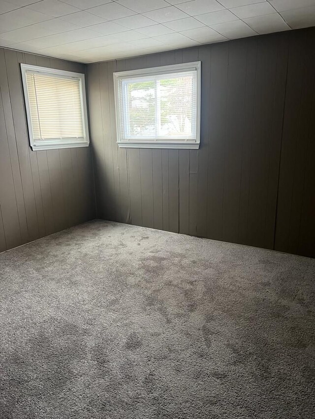 carpeted spare room with wooden walls