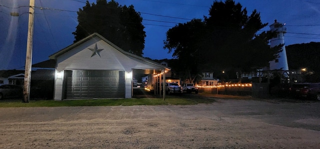 garage at night with a garage