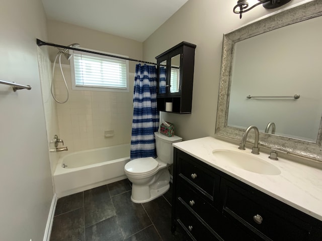 full bath with toilet, shower / bath combo, baseboards, tile patterned flooring, and vanity