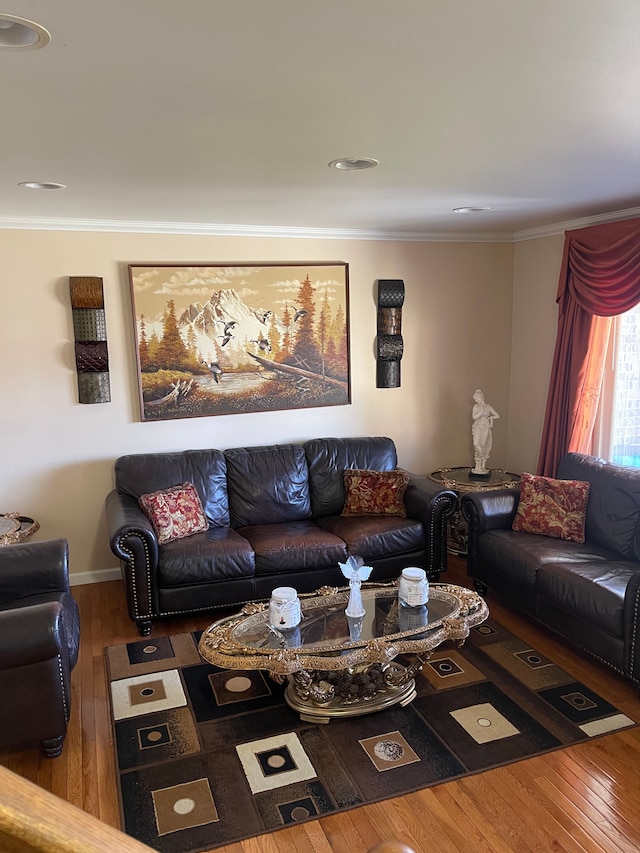 living area featuring hardwood / wood-style flooring and crown molding