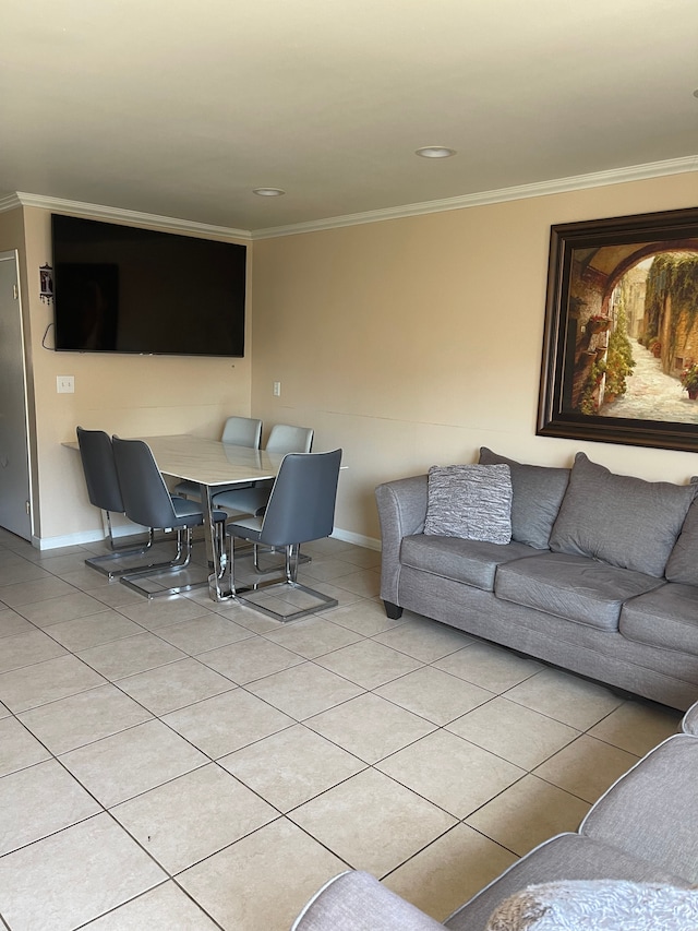 living area featuring recessed lighting, crown molding, baseboards, and light tile patterned floors