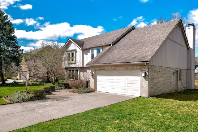 view of front of home with a front lawn, driveway, brick siding, and a garage