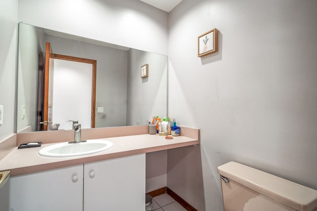 half bath with tile patterned flooring, toilet, and vanity