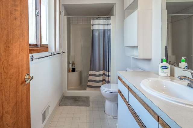 bathroom with tile patterned floors, visible vents, toilet, vanity, and a stall shower