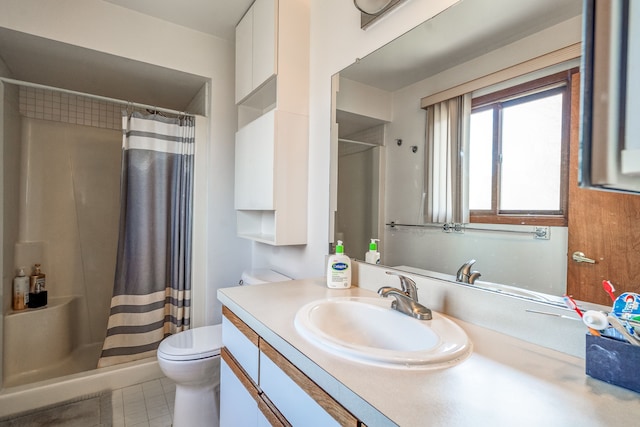 bathroom featuring curtained shower, tile patterned flooring, toilet, and vanity
