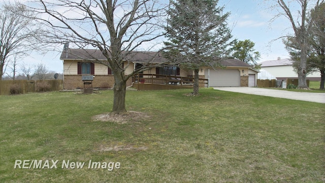 ranch-style house with driveway, a front yard, brick siding, a garage, and fence