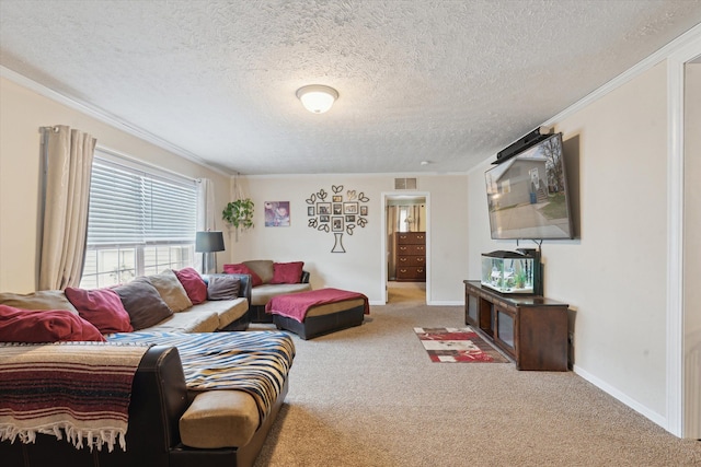 carpeted living area with a textured ceiling, baseboards, and ornamental molding
